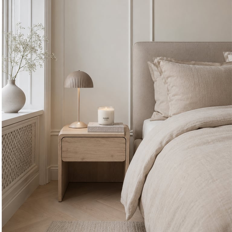 Minimalist bedroom with wooden nightstand, cream bedding, mushroom lamp, and white vase with dried flowers on windowsill