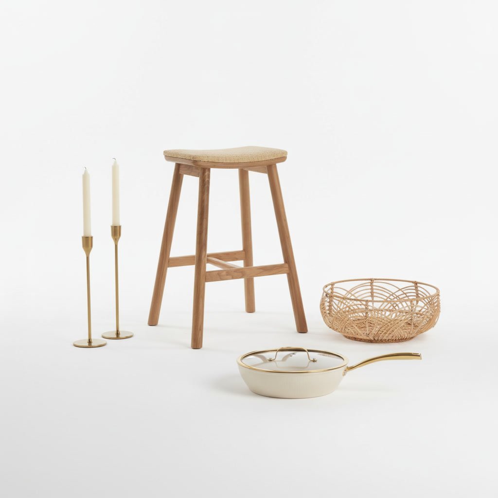 Collection of home décor items including wooden bar stool, brass candlesticks, woven basket, and cream cookware on white background