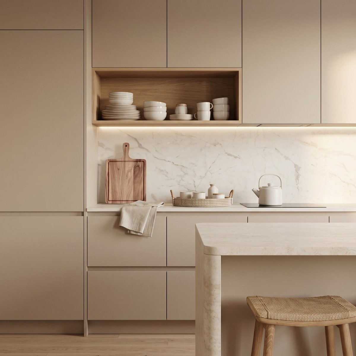 Modern minimalist kitchen with light wood cabinets, marble backsplash, open shelving with white dishware, cutting board, and wooden stool