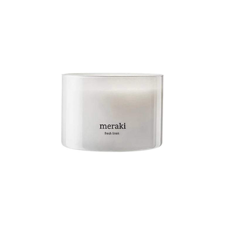 Meraki Fresh Linen scented candle in a white frosted glass container