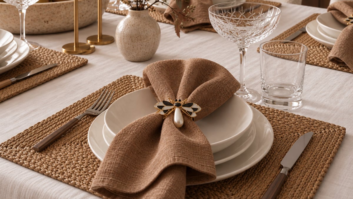 Elegant table setting with beige linen napkin bow, stacked plates, woven placemat, and formal dinnerware arrangement