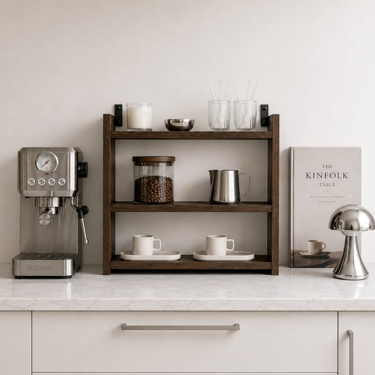 Modern kitchen counter display with coffee machine, wooden shelf unit, coffee beans, metal kettle, mugs, glasses, lamp, and design book